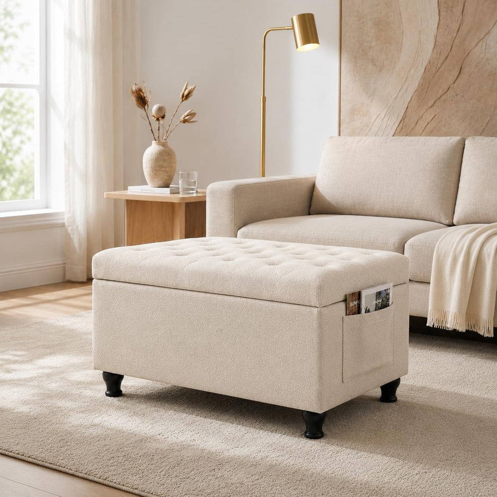 32'' Beige Fabric Upholstered Ottoman Storage Bench | Upholstered Ott...