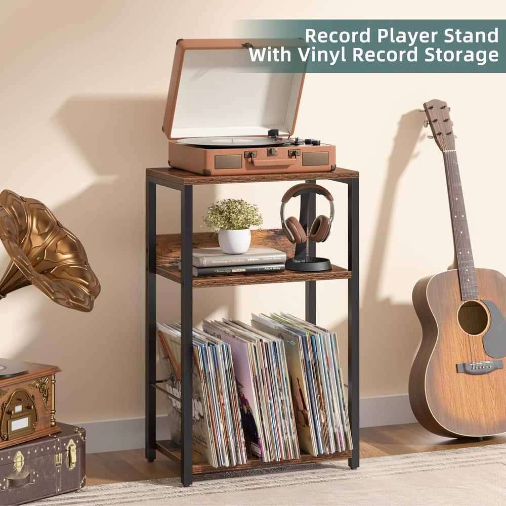 LELELINKY Record Player Stand Set of 2, 3-Tier End Side Table with Vinyl Reco...