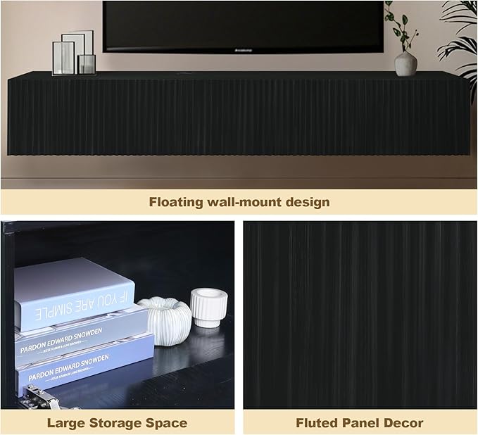 ZYBT Floating TV Stand, Modern Wall Mount Entertainment Center TV Shelf, 70.7" Media Console Under TV Storage Cabinet with Fluted Doors, TV Consoles for Living Room, Floating Cabinet for Wall (Black)