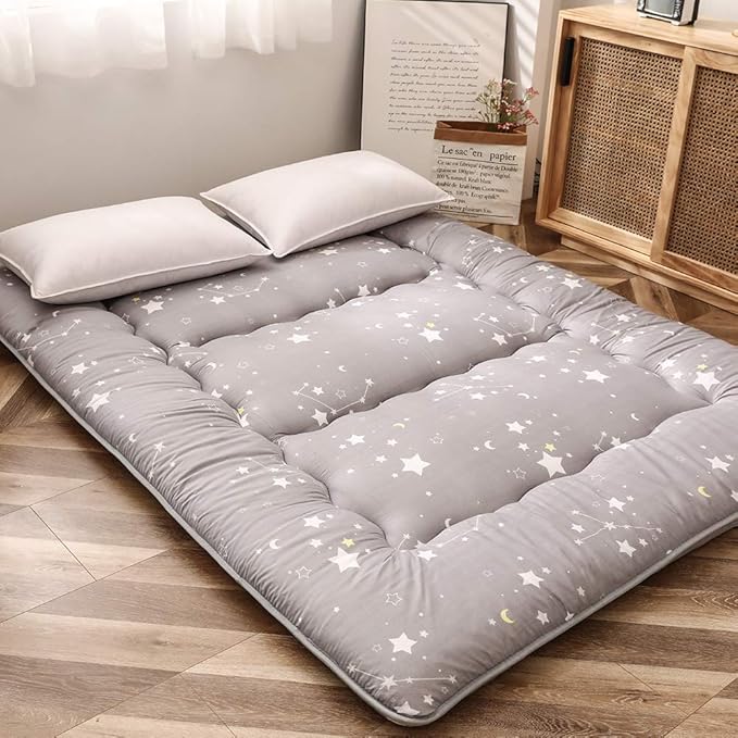 MAXYOYO Japanese Floor Mattress Futon Mattress, 4" Thicken Tatami Mat Sleeping Pad Foldable Roll Up Mat Boys Girls Dormitory Pad Kids Floor Lounger Pillow Bed, Charcoal Grey, Queen Size