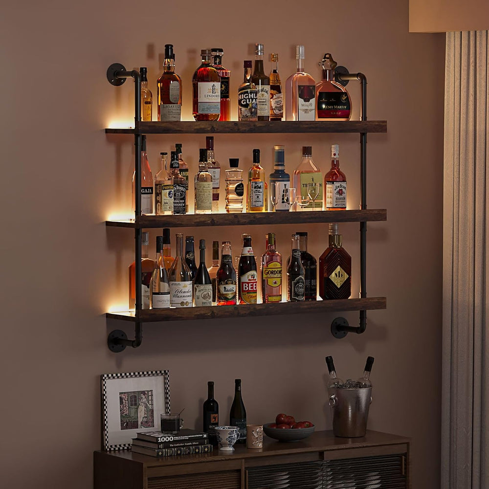 3-Tier Wall Mounted Wine Rack with LED Lights,39.4" | Liquor Bottles Flo...