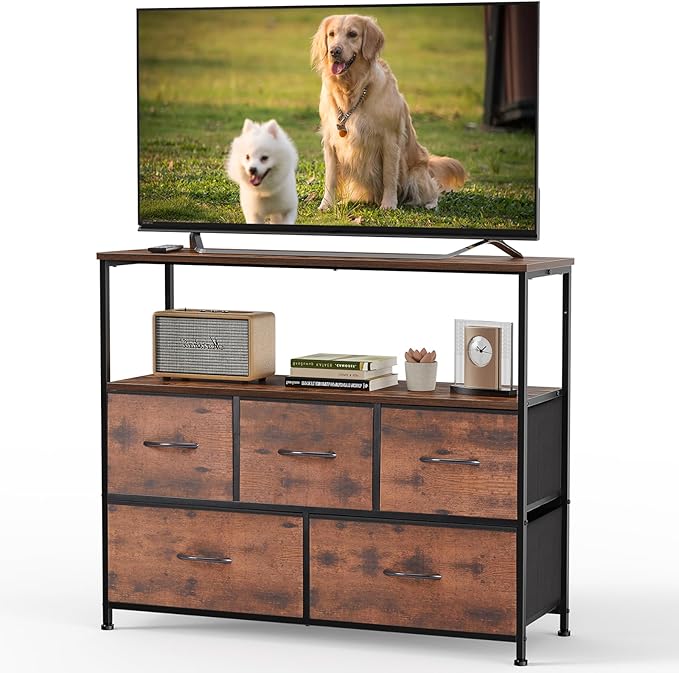 DUMOS TV Stand, Dresser with 5 Fabric Storage Drawers, Media Console Featurin...
