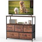 DUMOS TV Stand, Dresser with 5 Fabric Storage Drawers, Media Console Featuring Open Shelf for TV, Compact Entertainment Unit for Bedroom, Living Space, or Dorm Organization, Brown