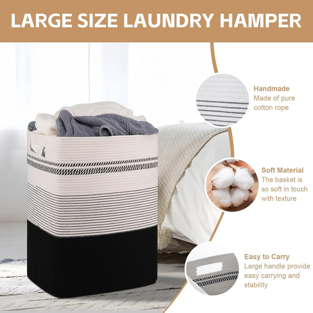 Laundry Hamper, Large Woven Rope Tall Laundry Basket with Handles, 22" X 17" X 13", Decorative Storage Basket for Clothes and Blankets in Living room, Bedroom, Black& White