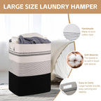Laundry Hamper, Large Woven Rope Tall Laundry Basket with Handles, 22" X 17" X 13", Decorative Storage Basket for Clothes and Blankets in Living room, Bedroom, Black& White