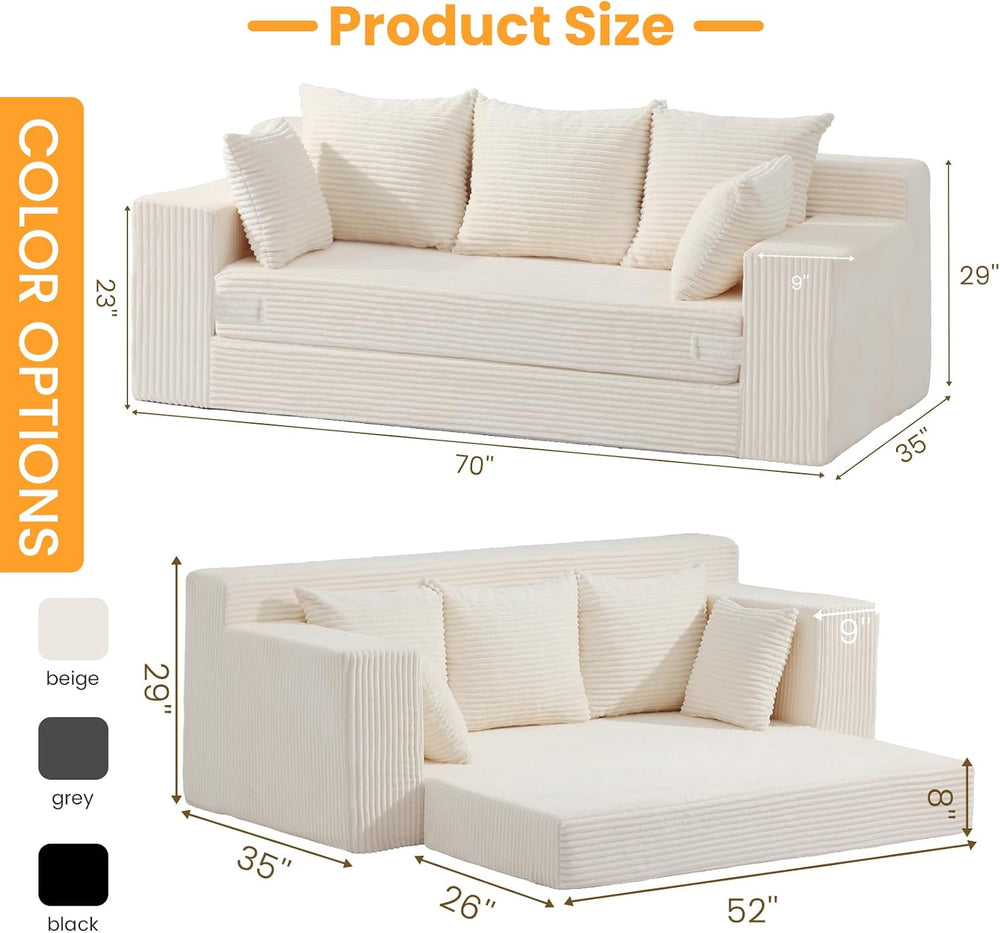 Couch 70 inch, 3 Seater Couch with Pull Out Bed, Loveseat Oversize Beige Futo...