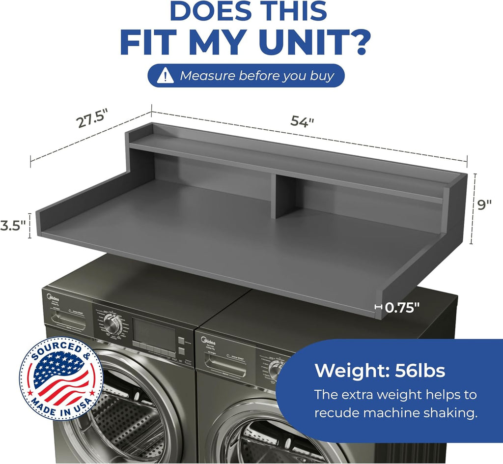 OfficeSimpli Washer Dryer Countertop with Shelf - 27.5 x 54 Inch - Made in USA Laundry Countertop Over Washer and Dryer with Non-Slip Pads, Storage Shelf, Laundry Topper Organizer, Slate Grey