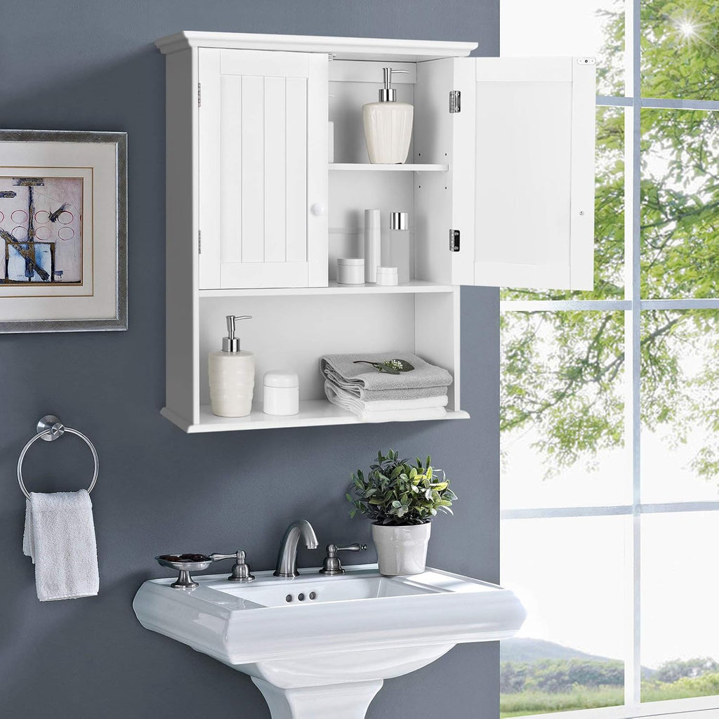 Tangkula Wall Mount Bathroom Cabinet Wooden Medicine Cabinet Storage Organizer with 2-Doors and 1-Shelf Cottage Collection Wall Cabinet (White)