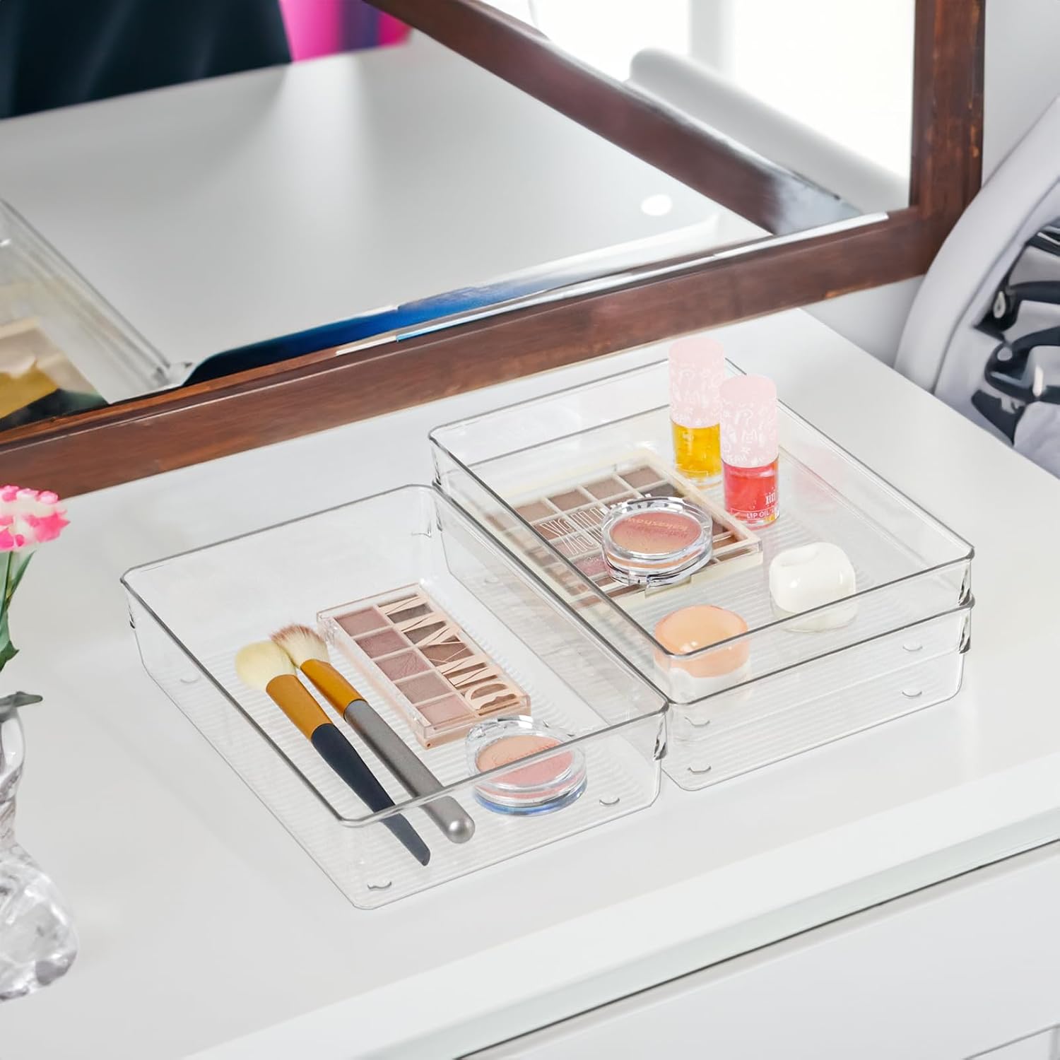 Clear Drawer Organizer Bins Set, Transparent Rectangle Trays, Dresser Bathroom Makeup Vanity Organization and Storage Bins Office Desk Drawer Dividers Organizers (3pc - 9×6×2")
