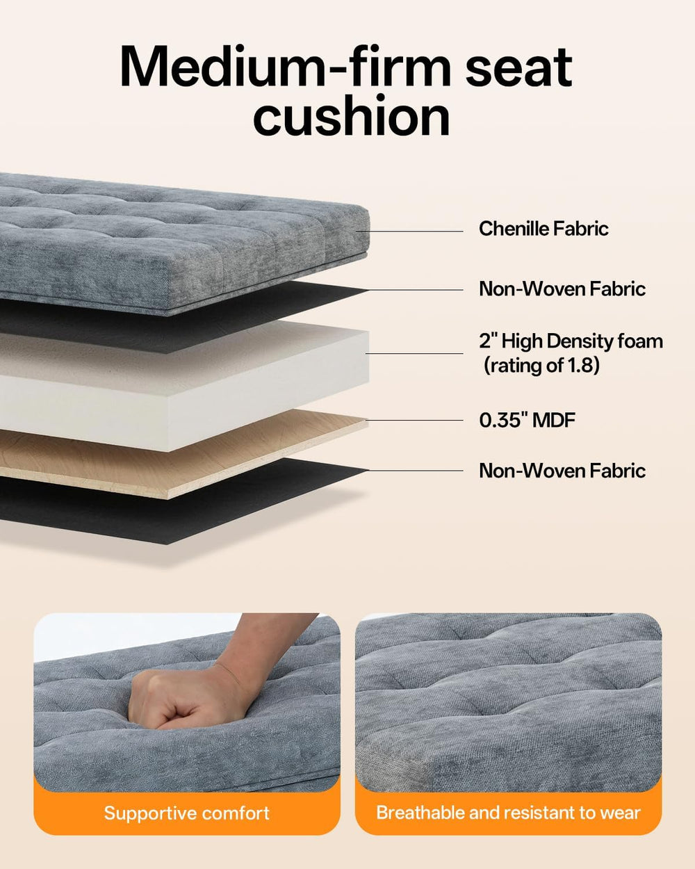 ABHENG Chenille Storage Ottoman Bench with Legs, 43.5”W x 15.7”D x 15.7”H,Met...