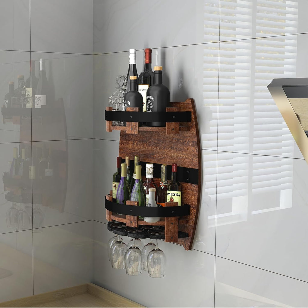 Whiskey Barrel Rack,Vintage Wall Mounted Wine Rack | for Kitchen Storage Hand Crafted Liquor Bar Shelves Wine Shelf Bourbon Whiskey Barrel Shelf Home Decor