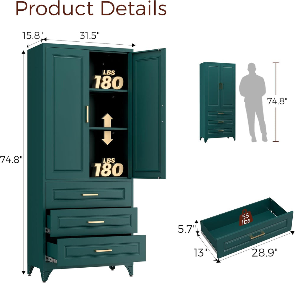 75" Tall Kitchen Pantry Cabinet, Storage Cabinet with 3 Drawers | Metal ...