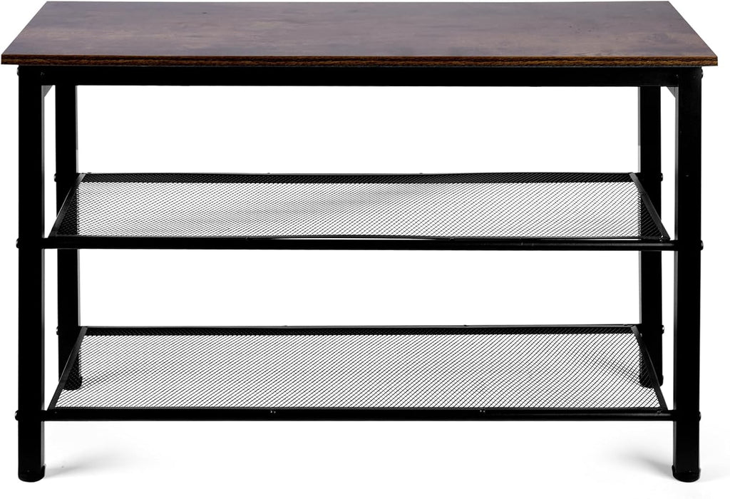3-Tier Shoe Rack Bench, Hardwood & Alloy Steal Entryway Storage Organizer for Front Door Entrance, Bedroom, Living Room, 300lb Capacity (3-Tier Shoe Bench (Metal Mesh))