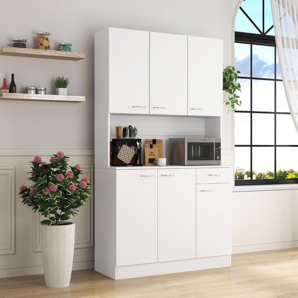 70.87" Tall 6-Door Kitchen Pantry Cabinet with Drawer & Open Shelf, Freestanding Storage Cupboard with Fixed Shelves for Kitchen, Dining Room, Laundry Room(White)
