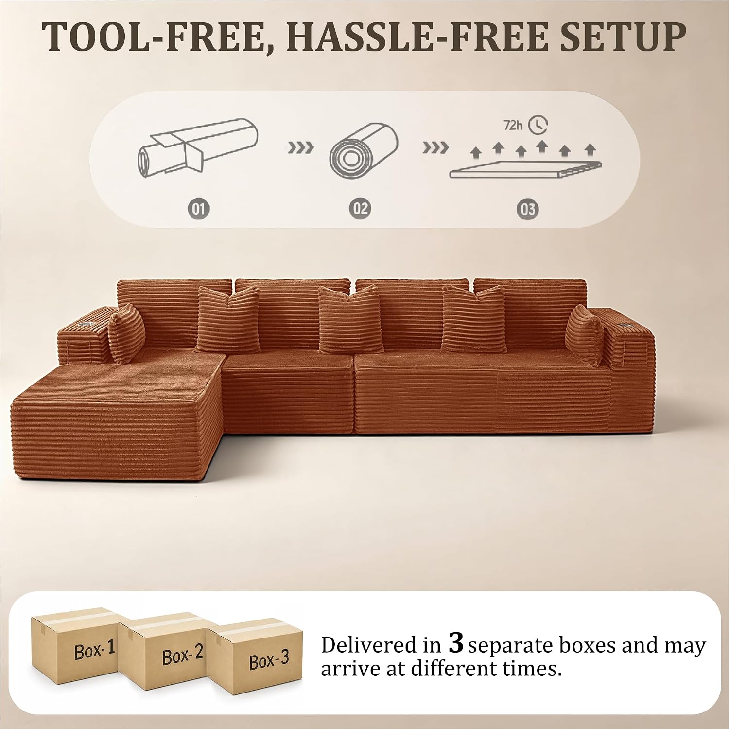 138" Oversized Boneless Couch for Living Room, Modular Sectional Couches L Shaped Cloud Couch with Deep Seat No Assembly Required, (Deep Orange, 3 Seater + Left Facing Chaise)