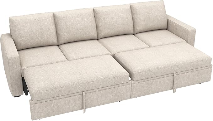 HONBAY Modular Sectional Sleeper Sofa Bed, with Pull Out Bed, Linen Convertible Sectional Couches for Living Room - Beige