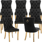 Mid Century Modern Dining Chairs Set of 8, Velvet Upholstered Tufted Back, Black Kitchen & Dining Room Chairs, Gold Metal Legs, Nailhead Trim, Sillas para Comedor (Black, 8 Pcs)
