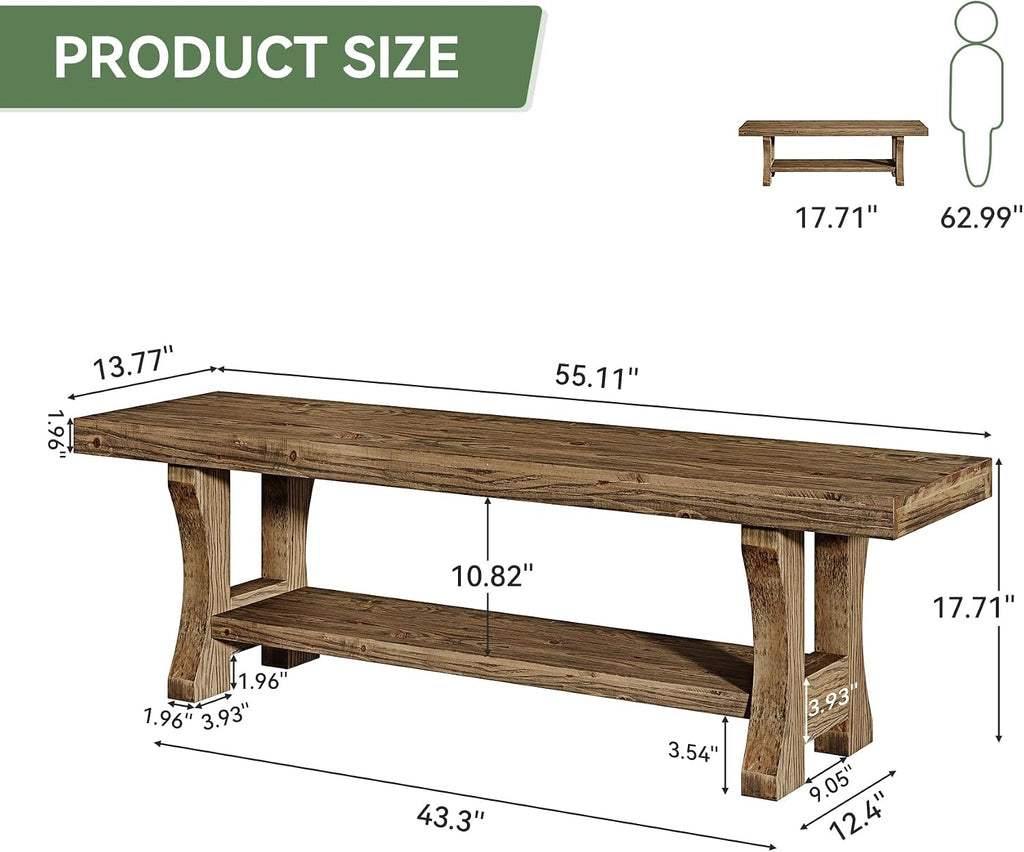 Solid Wood Storage Bench, Farmhouse Entryway Bench, Long Indoor Dining Seat for Hallway, Bedroom, Living Room, Dining Room, Easy Assembly, Dark Brown