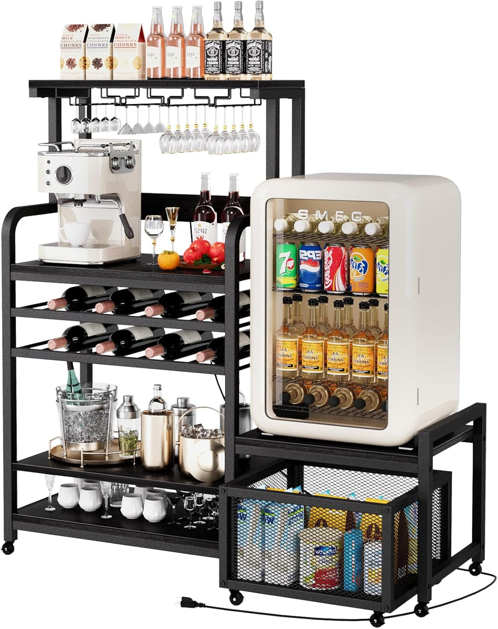 Mini Fridge Stand with Power Outlet, Microwave Stand with Wine Rack, Coffee b...