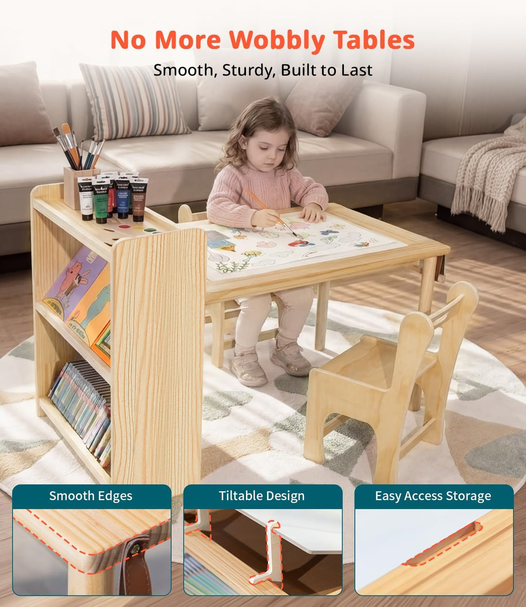 JOIN&JOY Kids Art Table and 2 Chair Set, Multifunctional Craft Table with Storage Shelves, Toddler Activity for Creativity, Drawing, Learning & Playtime | Toddler Activity Desk for Creativity, Drawing, Learning & Playtime