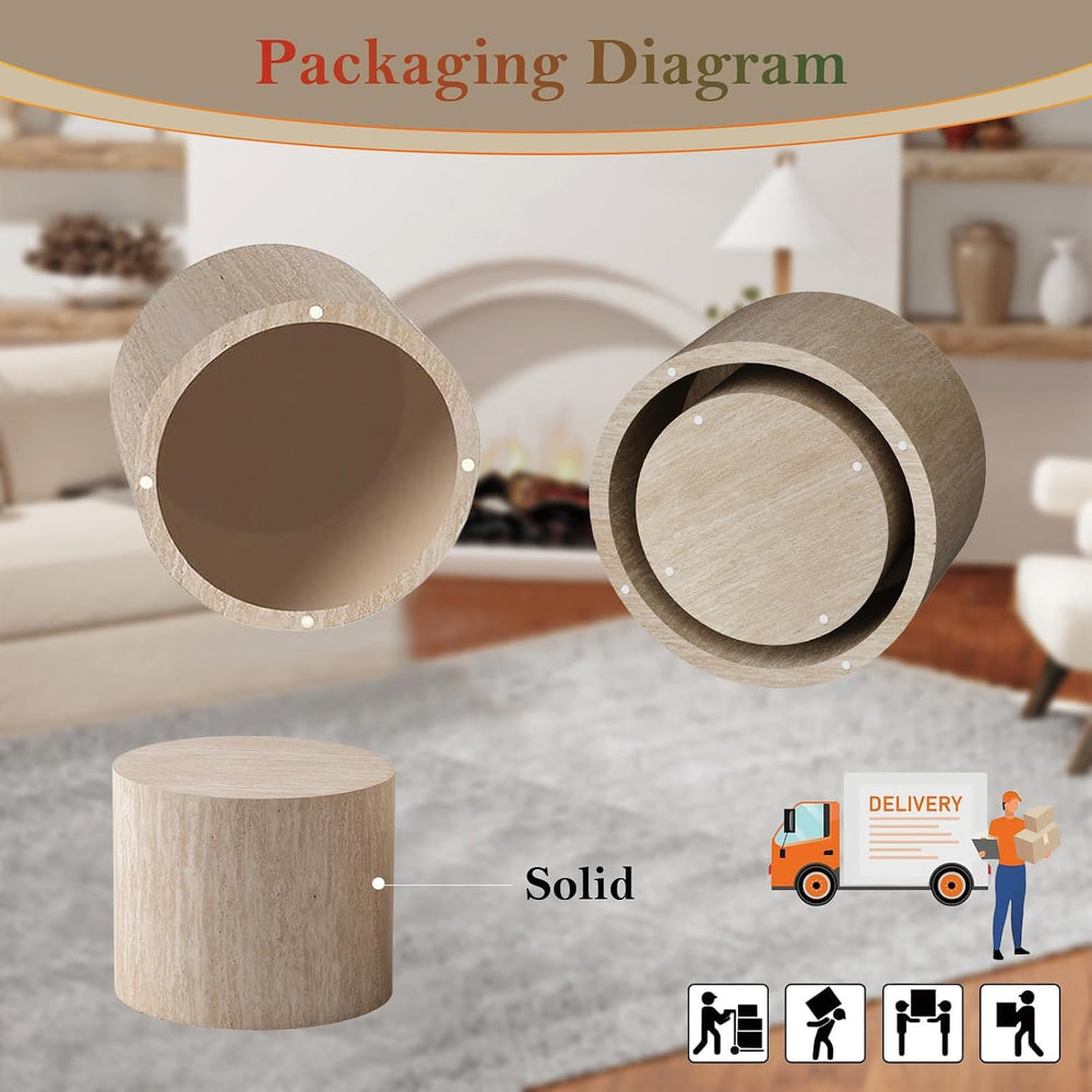 Travertine Nesting Tables - Natural Stone Grain Texture (B 18.1+14.6in) | Cir...
