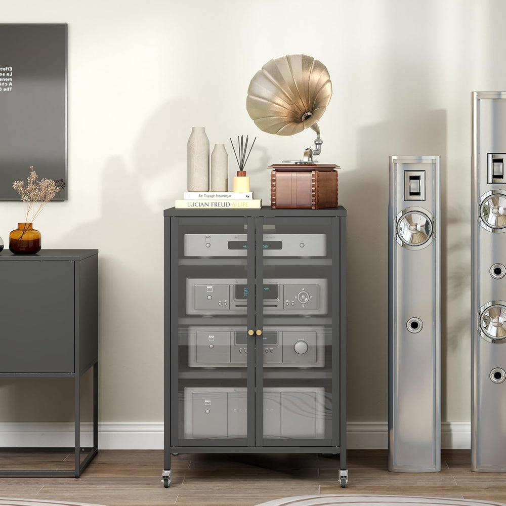 Stereo Cabinet, Metal Media Storage Cabinet with Glass Doors, Audio-Video Med...