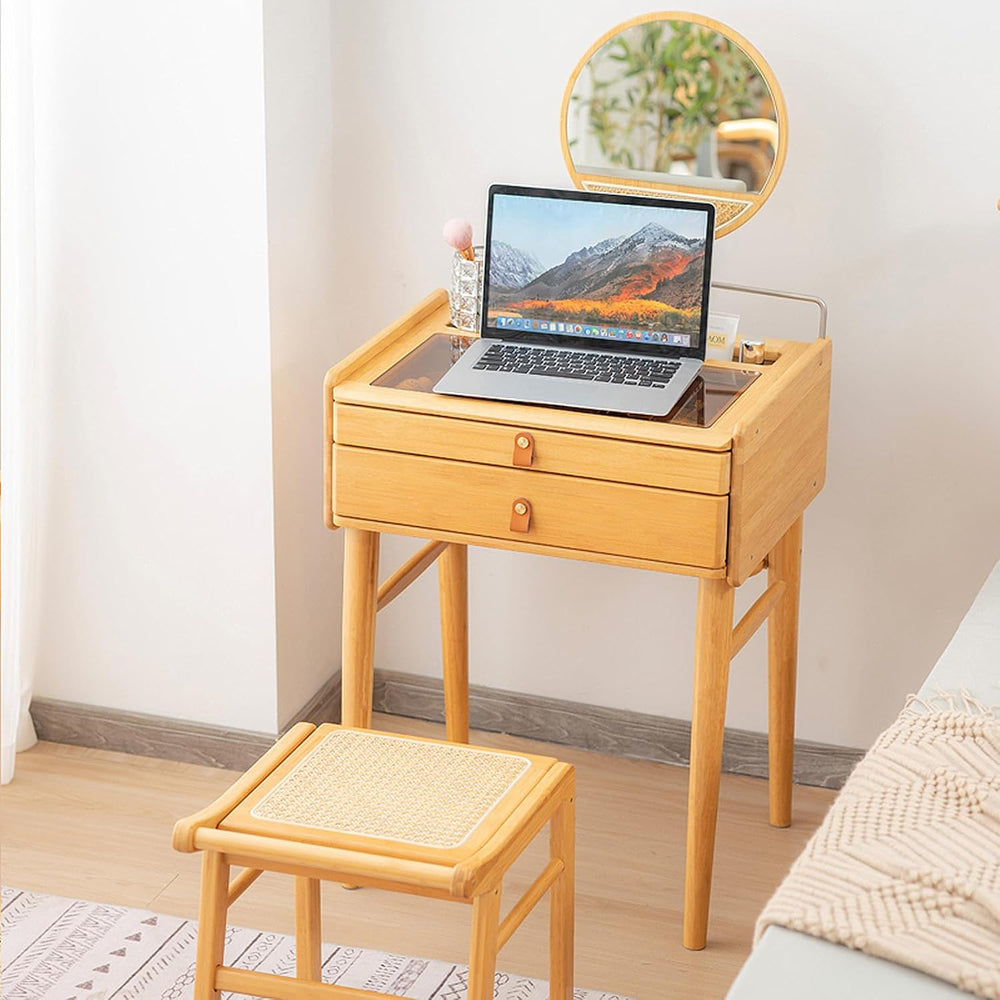 COSTWAY Bamboo Vanity Desk with Adjustable Round Mirror and 2 Drawers | Makeu...