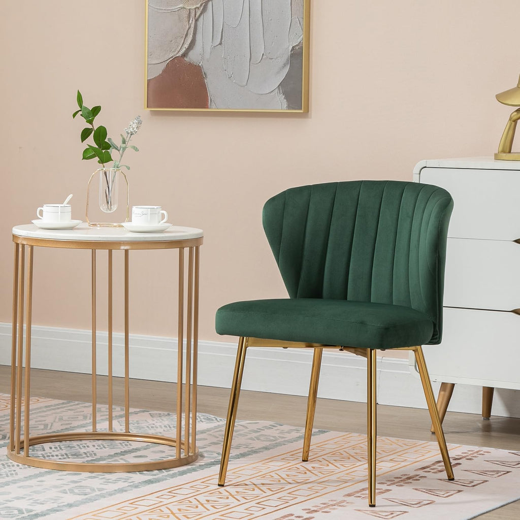 Velvet Dining Chairs Set of 2, Modern Upholstered Vanity Chairs with Golden Metal Legs for Dining Room Kitchen Vanity Patio (Green)