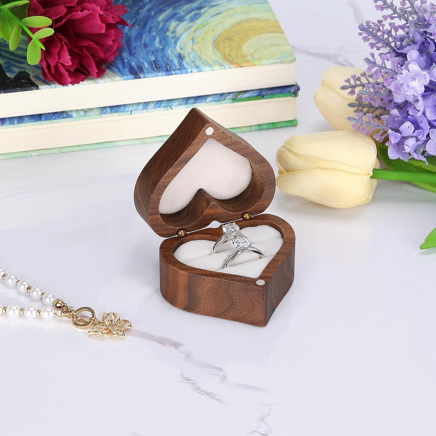 LETURE Wooden Heart Shape Ring Gift Box with Single Slot 2 Slot, Personalized Vintage Wood Jewelry Box for Proposal Engagement Wedding Ceremony Anniversary (White -2 Slot)