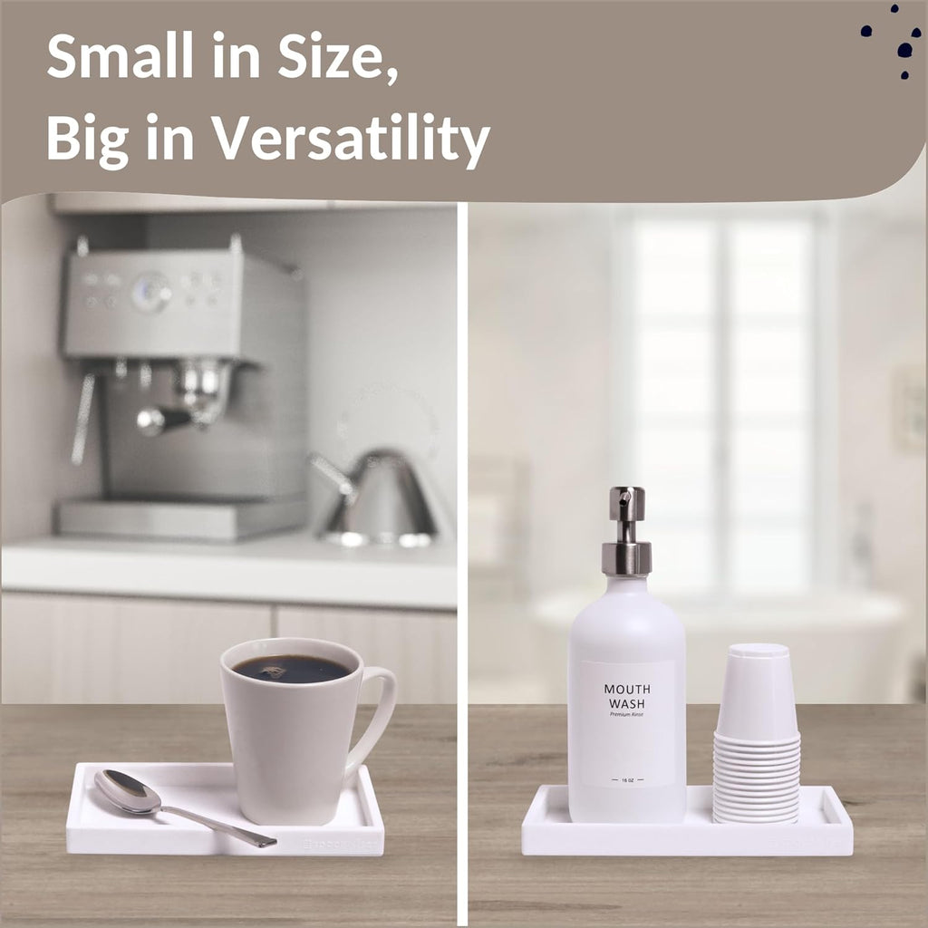 Countertop and Vanity Tray - Small 7.7” Silicone Tray for Soap Dispenser, Bathroom Trays, Dish Soap Trays for Kitchen Counter, Sink Caddy Sinks Organizer, Soaps Dish & Sponge Holder, White