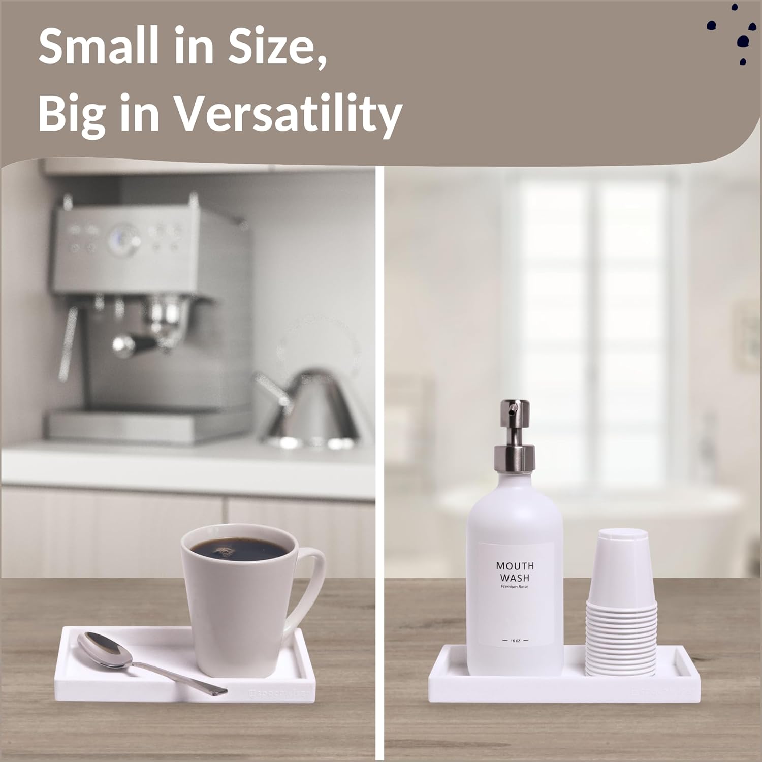 Countertop and Vanity Tray - Small 7.7” Silicone Tray for Soap Dispenser, Bathroom Trays, Dish Soap Trays for Kitchen Counter, Sink Caddy Sinks Organizer, Soaps Dish & Sponge Holder, White
