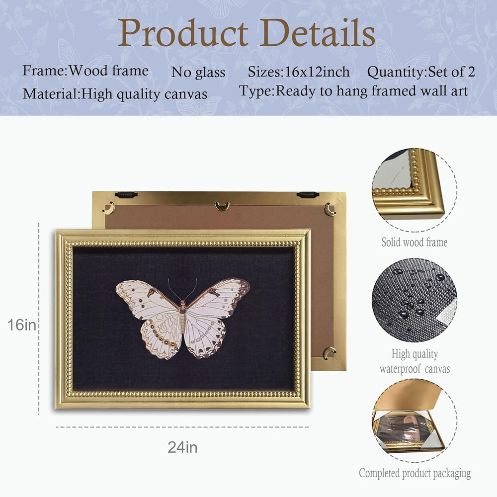 Gatheroad Vintage Gold Framed Wall Art Set of 2, Aesthetic Butterfly & In...