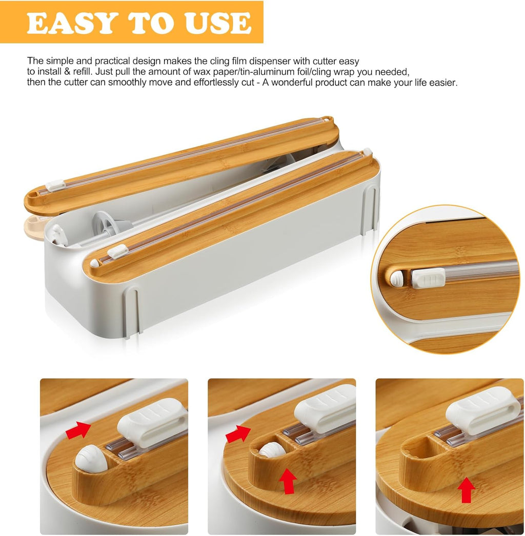 Magnetic Plastic Wrap Dispenser with Cutter - Quasziwa Refillable Tin Foil and Plastic Wrap Organizer for Kitchen, Aluminum Foil Dispenser with Paper Towel Holder Wall Mount - Fits 12" Roll, White