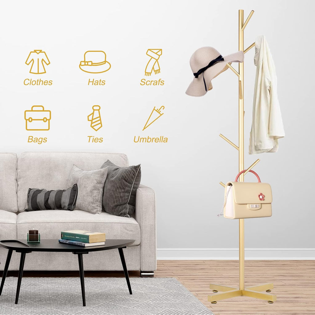 Snaikor Metal Coat Rack, Modern Coat Rack Freestanding, Sturdy Coat Tree Stand with Cross Base, Golden Coat Racks Hall Tree for Clothes Jacket Hat Bag Entryway