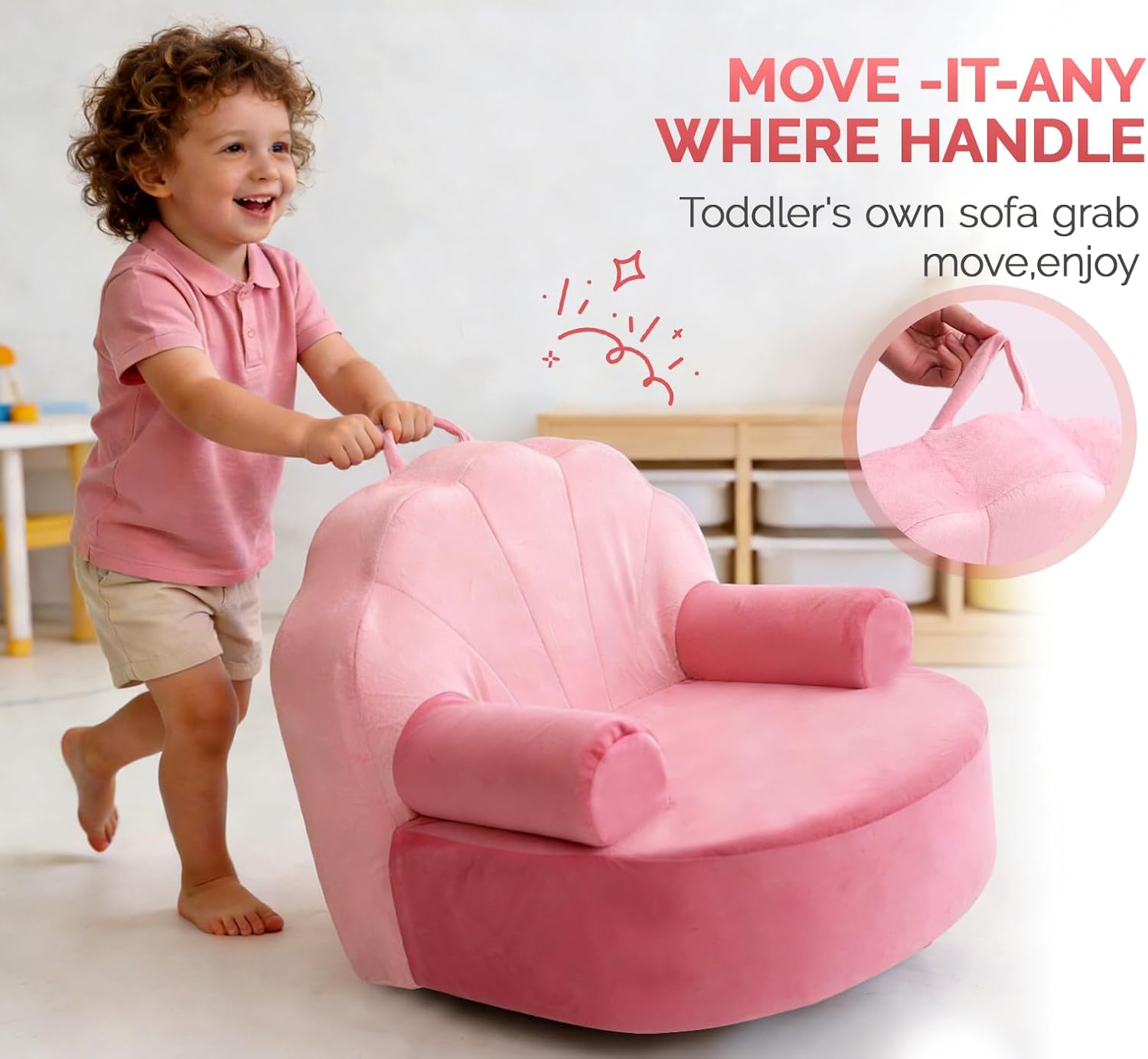 Snuggly Toddler Chair Soft Kids Sofa Cozy Kids Chairs Comfy for Toddlers 1-3, Plush Child Seat with Carry Handle