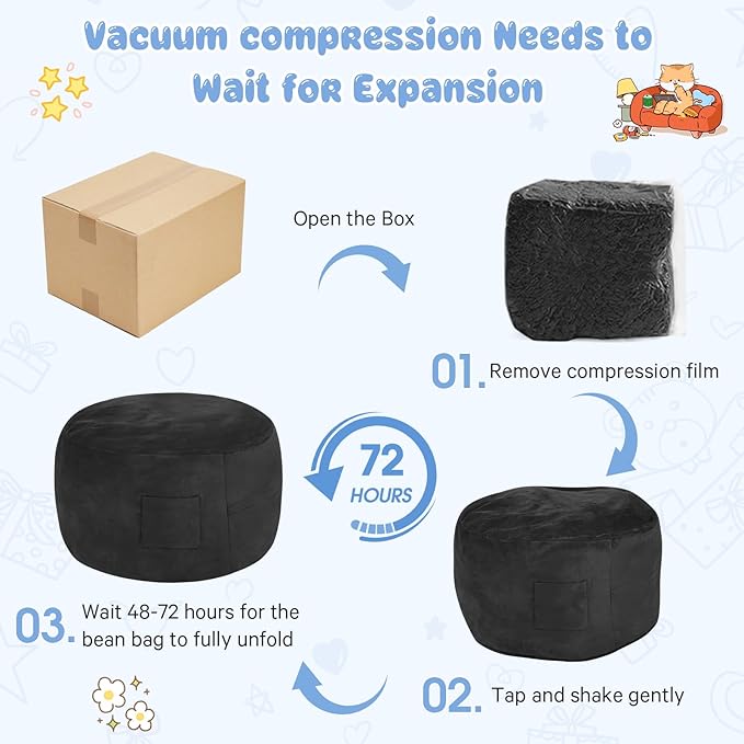 Kids Bean Bag Chair Bed - Convertible Lazy Chair to Floor Mattress with Filler - Small Beanbag Chair for Boys and Girls - Floor Couch Sofa in Bedroom, Classroom, Reading Nook - Carbon Black