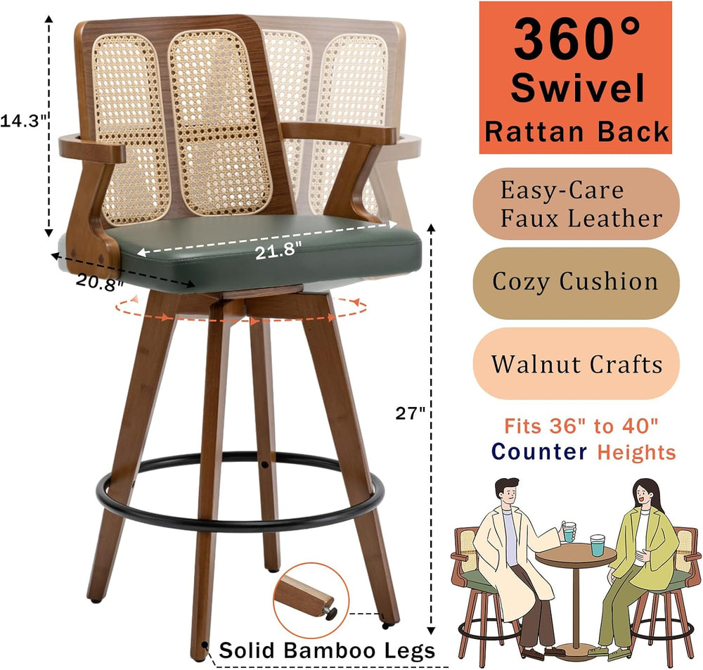 Swivel Counter Stools with Arms, Kitchen Island Stools with Rattan Back | Wal...