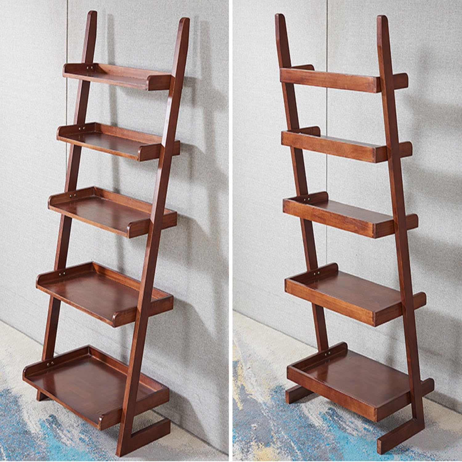 5-Tier Ladder Shelf, Minimalism Wood Ladder Bookshelf L-Shaped Leaning Storage Bookshelf Freestanding Open Bookcase for Living Room Bedroom Offices (Walnut Brown)