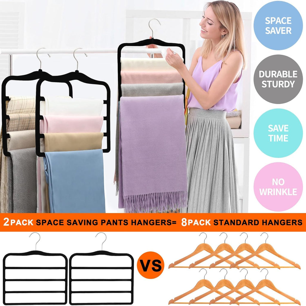 Closet Organizers and Storage,2 Pack Pants Hangers Space Saving,Velvet Hangers, Dorm Room Essentials for College Students Girls Boys Guys,Non Slip Organization and Storage Scarf Jeans Hangers