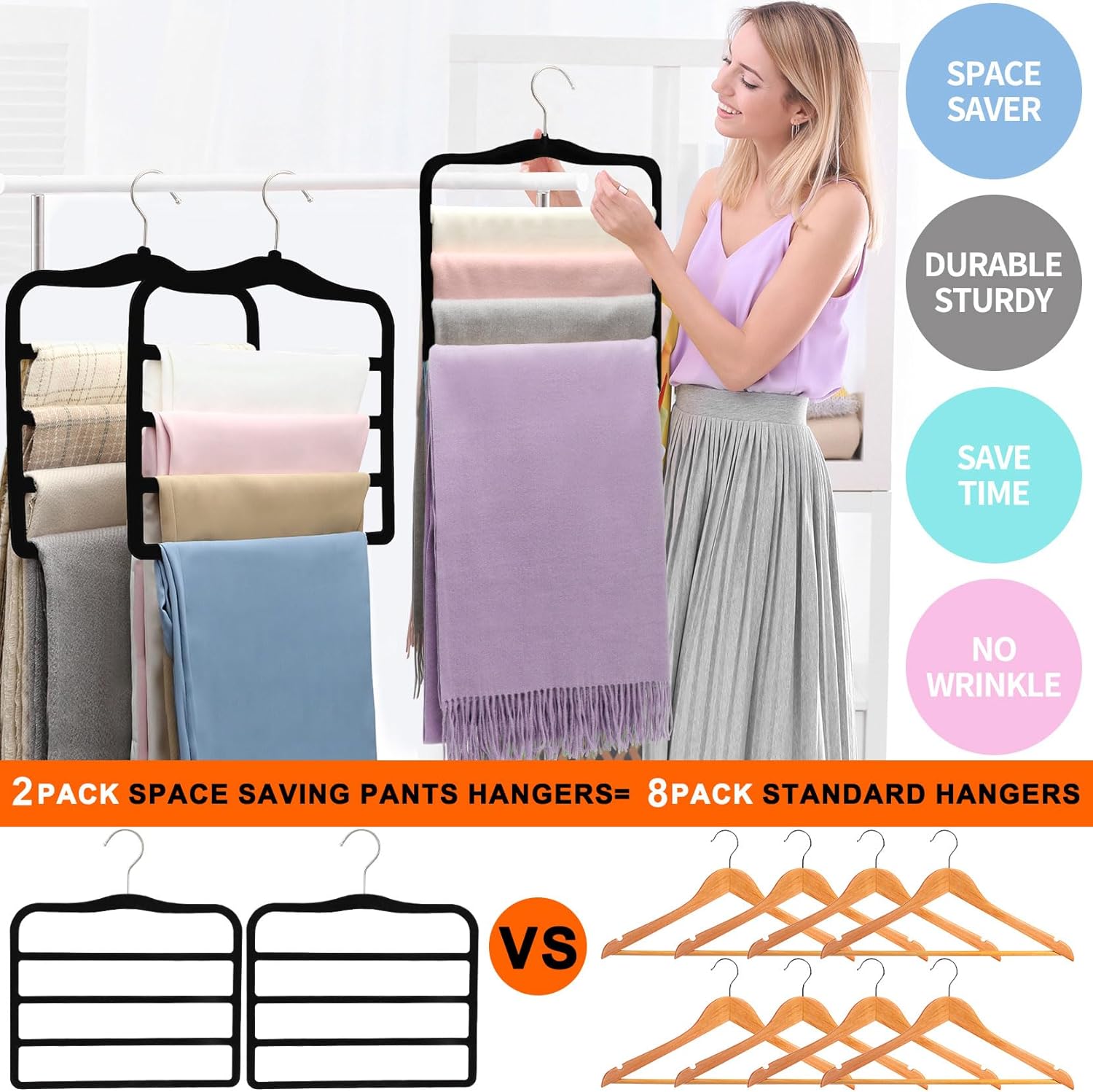 Closet Organizers and Storage,2 Pack Pants Hangers Space Saving,Velvet Hangers, Dorm Room Essentials for College Students Girls Boys Guys,Non Slip Organization and Storage Scarf Jeans Hangers