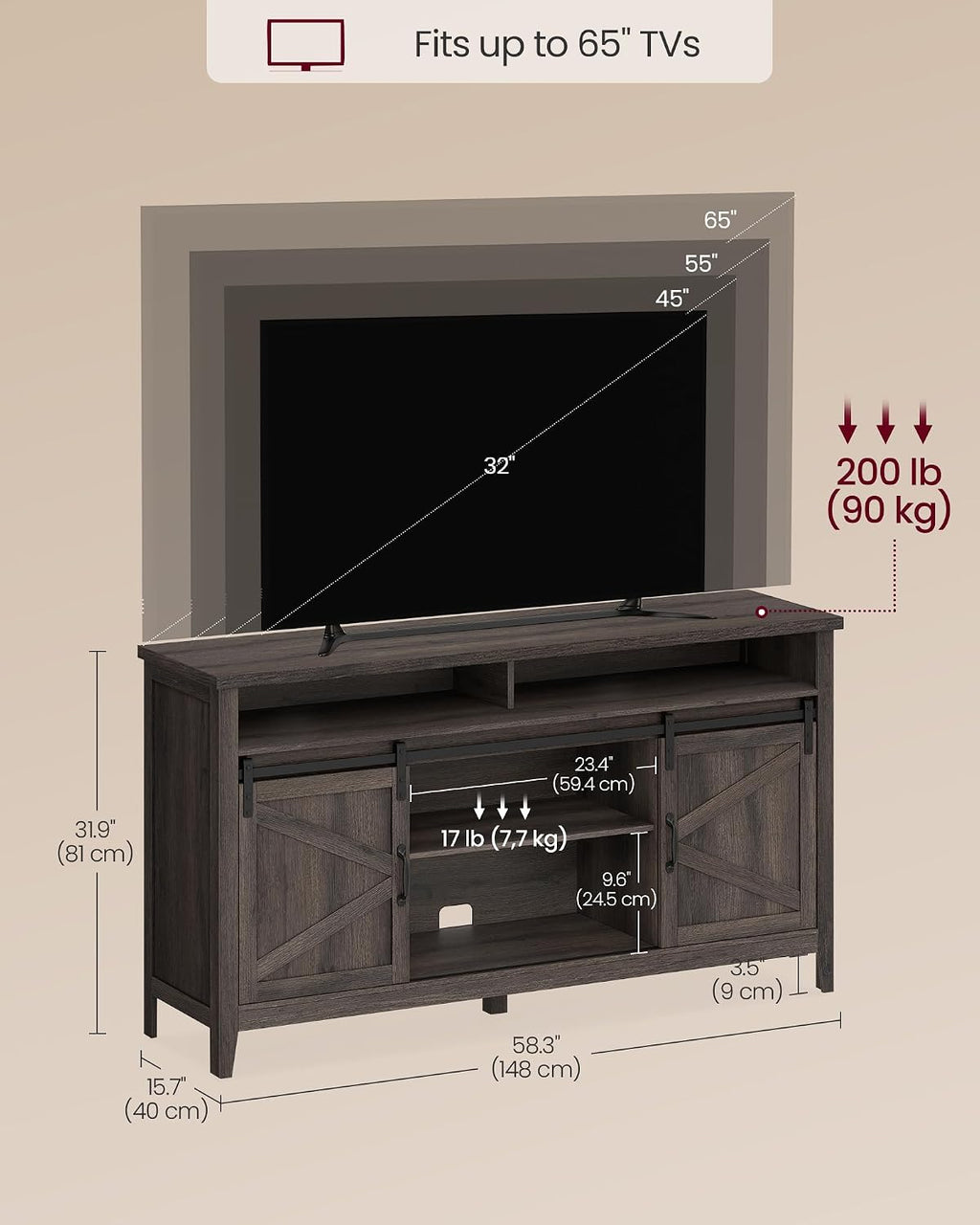 VASAGLE Tall Farmhouse TV Stand, Entertainment Center with Barn Doors, Storage Media Console Cabinet for Living Room, Bedroom, 58.3 x 15.7 x 31.9 Inch, Taupe Brown, LIRY Collection ULTV031T101S