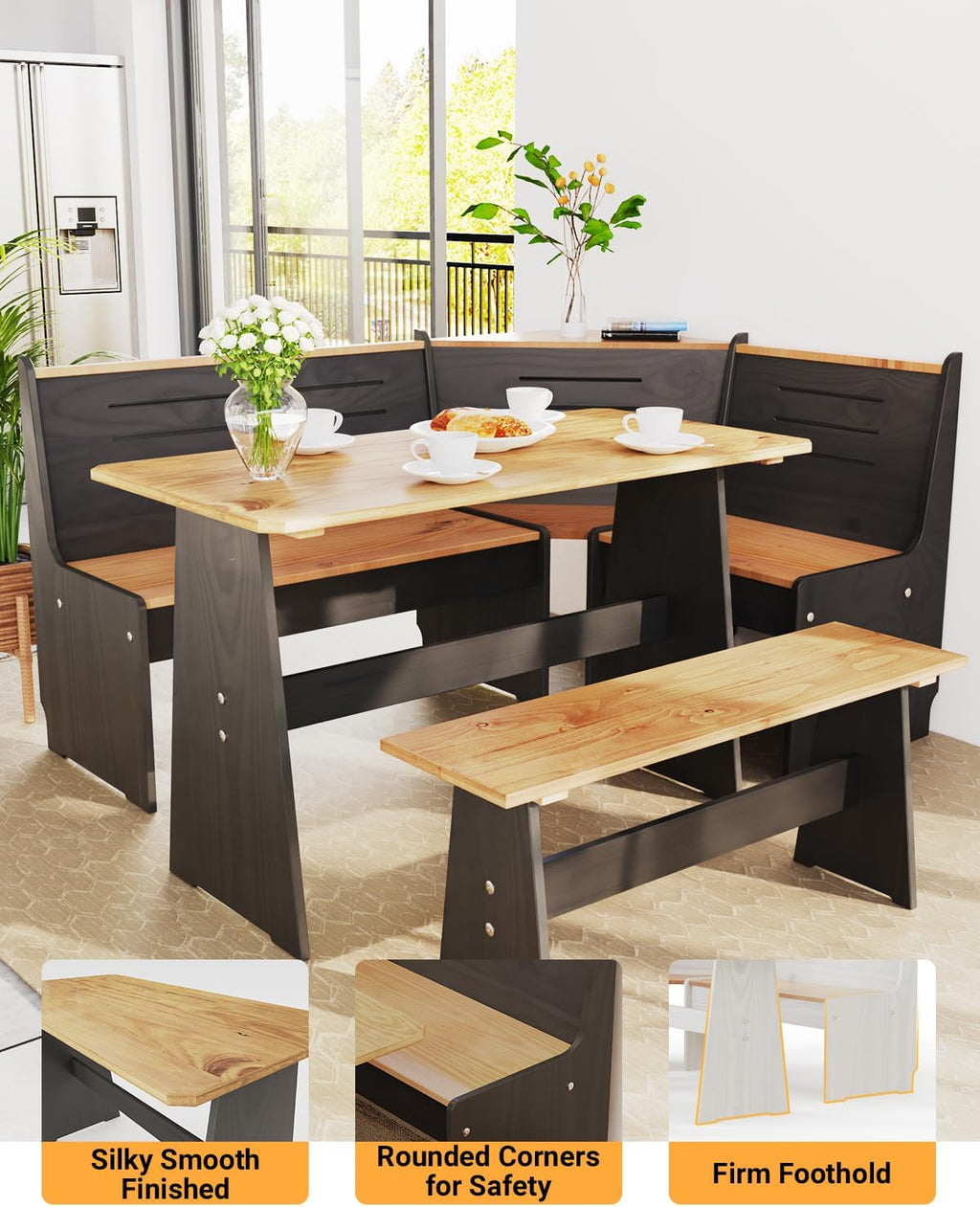 Breakfast Nook Table Set - Reinforced Packaging - Corner Kitchen Dining Table Set for 4-6 People, Solid Pine Wood with L-Shaped Bench Modern Farmhouse Dining Room Set, Coal Black