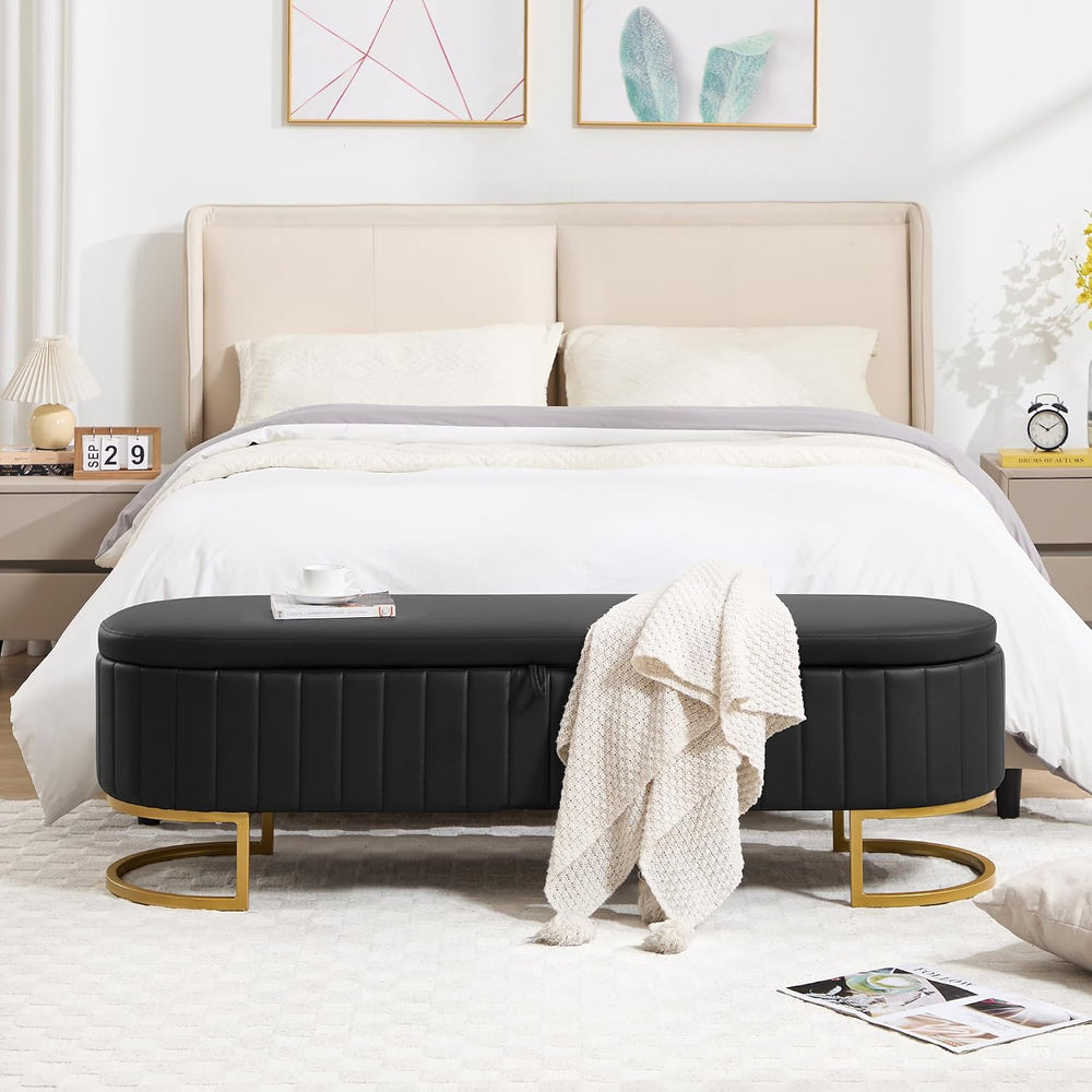 Storage Ottoman Bench, 63" Faux Leather End of Bed Bench Bedroom Bench K...
