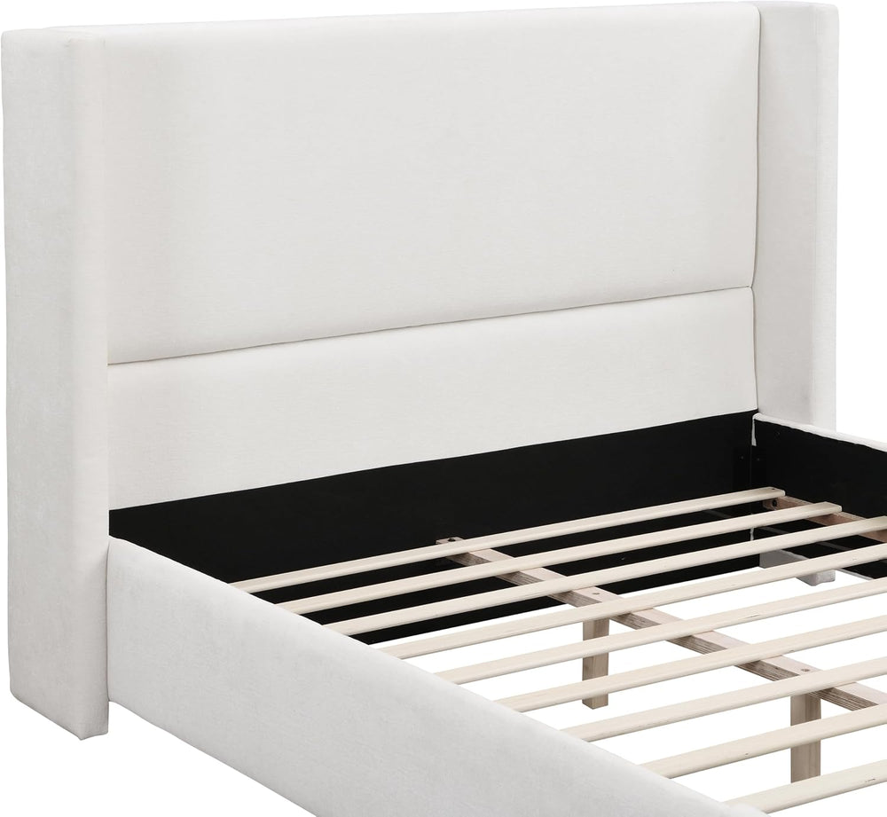 Queen Upholstered Platform Bed with Tall Wingback Headboard, White