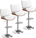 Swivel Bar Stools Set of 3, Adjustable Bentwood Barstools for Kitchen Counter, Modern PU Leather Upholstered Bar Chair with Back and Footrest, for Kitchen Island, Bar, Dining Room, White