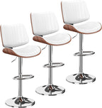 Swivel Bar Stools Set of 3, Adjustable Bentwood Barstools for Kitchen Counter, Modern PU Leather Upholstered Bar Chair with Back and Footrest, for Kitchen Island, Bar, Dining Room, White