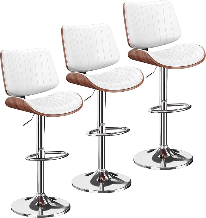 Swivel Bar Stools Set of 3, Adjustable Bentwood Barstools for Kitchen Counter, Modern PU Leather Upholstered Bar Chair with Back and Footrest, for Kitchen Island, Bar, Dining Room, White