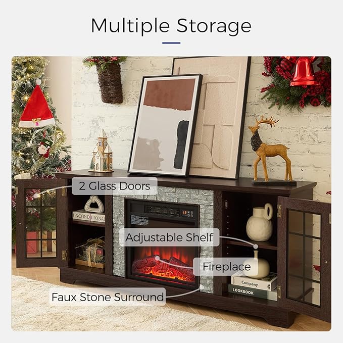 TV Stand with Electric Fireplace & Storage Cabinet, Entertainment Center with 2 Glass Door, Faux Stone Media Console Table for Living Room (Cherry,58" with Fireplace)