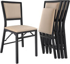 VECELO Folding Chairs Set of 4 with Cushion, Foldable Padded Seats with Heavy Duty Metal Frame for Kitchen/Dining/Living Room, No Assembly & Space Saving Design, Beige