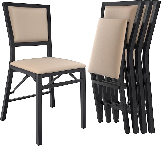 VECELO Folding Chairs Set of 4 with Cushion, Foldable Padded Seats with Heavy Duty Metal Frame for Kitchen/Dining/Living Room, No Assembly & Space Saving Design, Beige